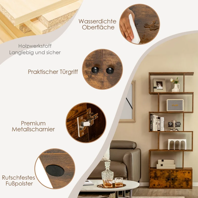 Costway - Bücherregal, Bücherregal 5 Ebenen, mit Türen, Standregal, aus Holz, 183 x 70 x 23 cm, Raumteiler Braun
