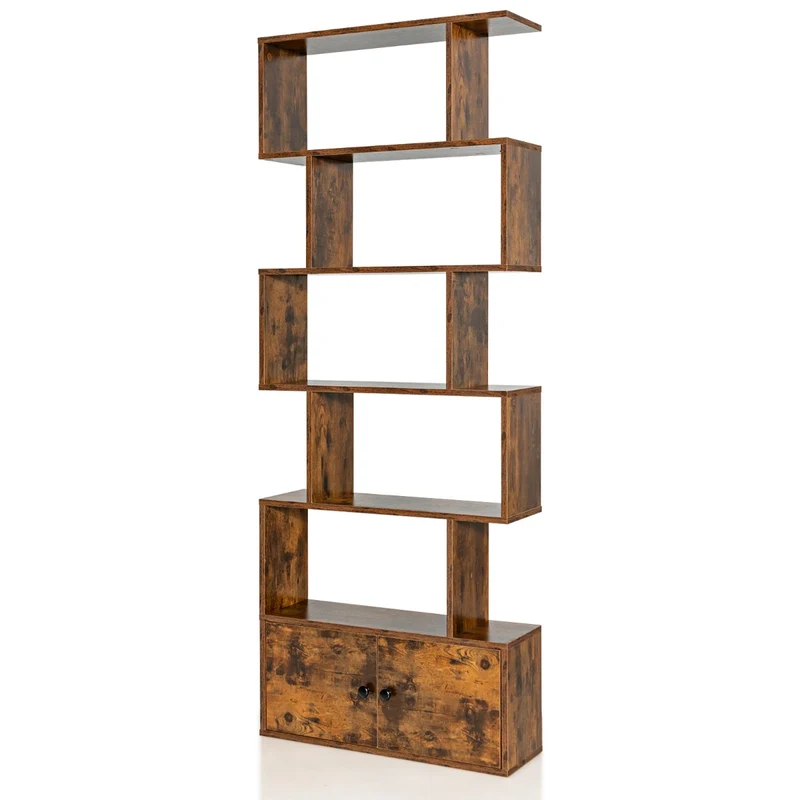 Costway - Bücherregal, Bücherregal 5 Ebenen, mit Türen, Standregal, aus Holz, 183 x 70 x 23 cm, Raumteiler Braun
