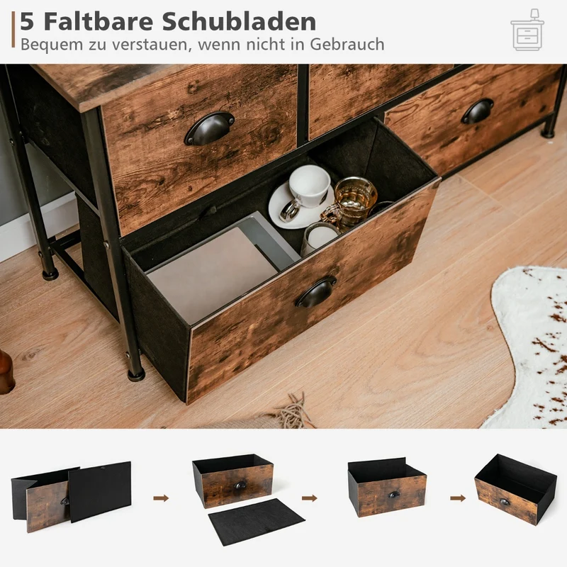 Costway - TV-Schrank, 2-stöckige Rustikale Kommode mit 5 Schubladen & Faltbaren Stoffschubladen, Braun