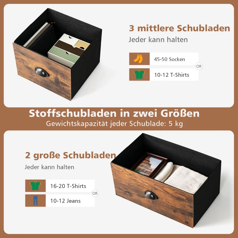 Costway - TV-Schrank, 2-stöckige Rustikale Kommode mit 5 Schubladen & Faltbaren Stoffschubladen, Braun