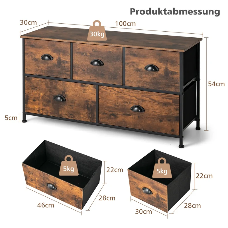 Costway - TV-Schrank, 2-stöckige Rustikale Kommode mit 5 Schubladen & Faltbaren Stoffschubladen, Braun