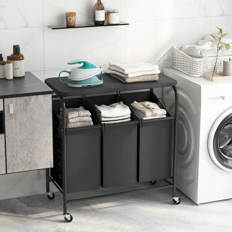 Costway – Wäschesortierwagen mit Bügelbrett, 3 herausnehmbare Wäschesäcke à 33 l, Rollen, 80,5 × 41,5 × 87,5 cm, Schwarz