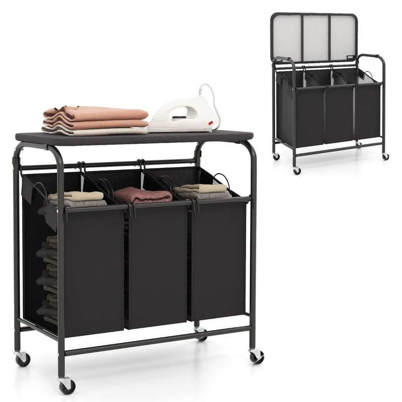 Costway – Wäschesortierwagen mit Bügelbrett, 3 herausnehmbare Wäschesäcke à 33 l, Rollen, 80,5 × 41,5 × 87,5 cm, Schwarz