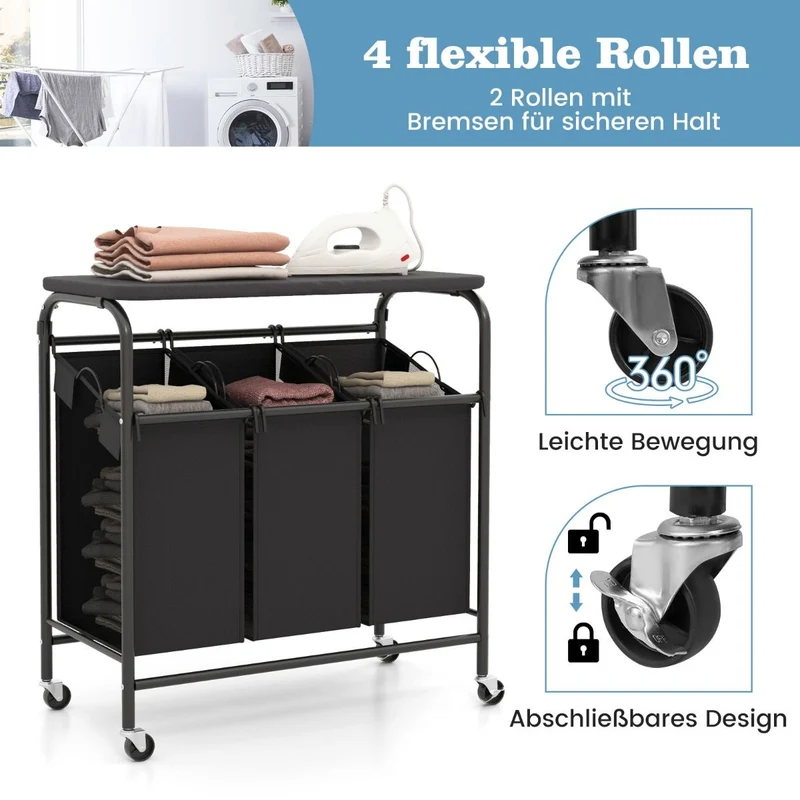 Costway – Wäschesortierwagen mit Bügelbrett, 3 herausnehmbare Wäschesäcke à 33 l, Rollen, 80,5 × 41,5 × 87,5 cm, Schwarz