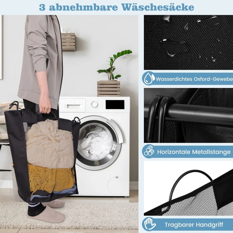 Costway – Wäschesortierwagen mit Bügelbrett, 3 herausnehmbare Wäschesäcke à 33 l, Rollen, 80,5 × 41,5 × 87,5 cm, Schwarz
