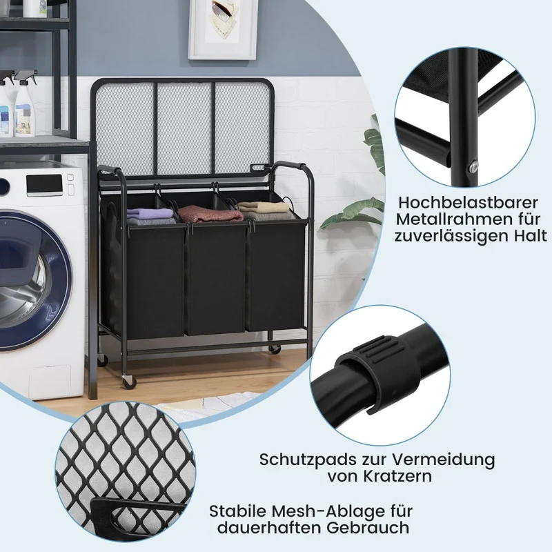 Costway – Wäschesortierwagen mit Bügelbrett, 3 herausnehmbare Wäschesäcke à 33 l, Rollen, 80,5 × 41,5 × 87,5 cm, Schwarz