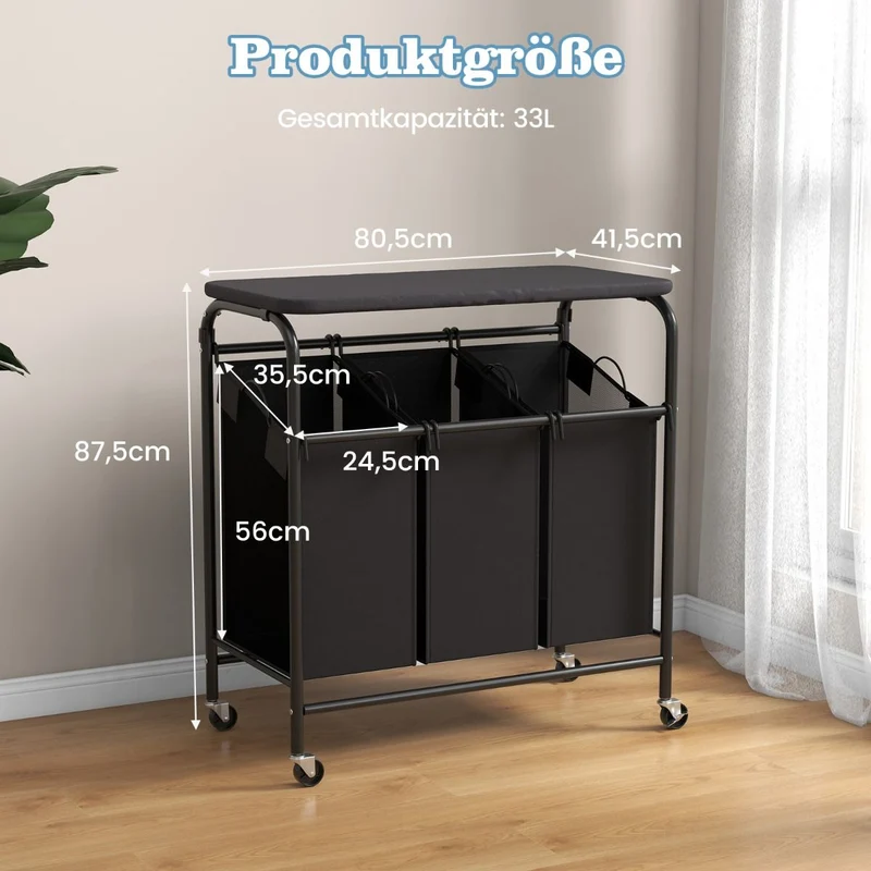 Costway – Wäschesortierwagen mit Bügelbrett, 3 herausnehmbare Wäschesäcke à 33 l, Rollen, 80,5 × 41,5 × 87,5 cm, Schwarz