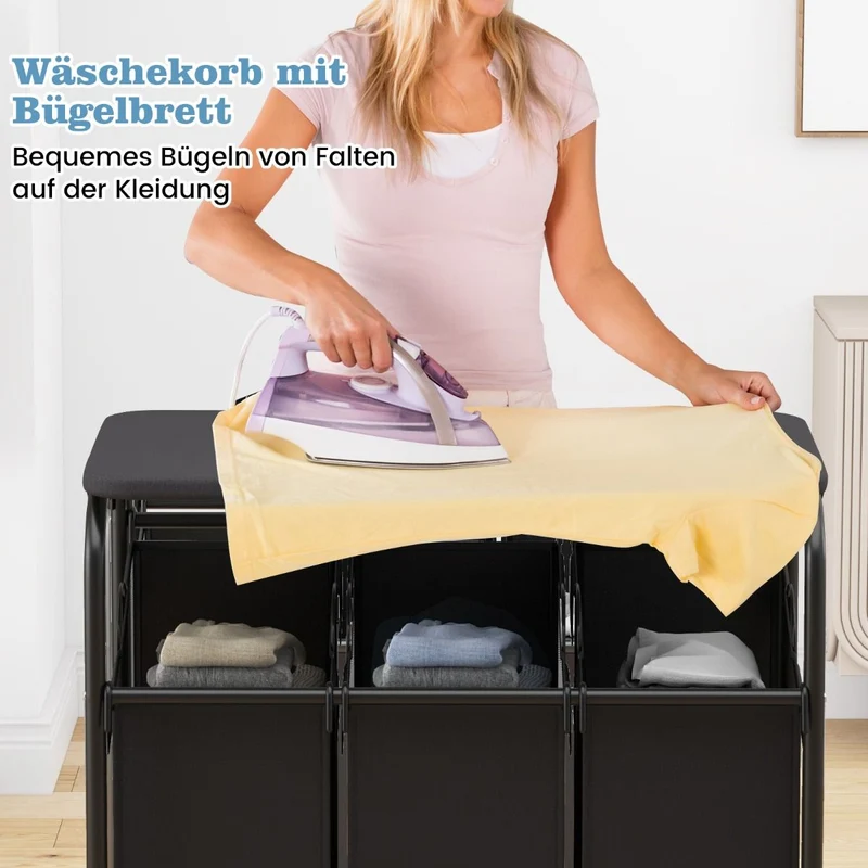Costway – Wäschesortierwagen mit Bügelbrett, 3 herausnehmbare Wäschesäcke à 33 l, Rollen, 80,5 × 41,5 × 87,5 cm, Schwarz