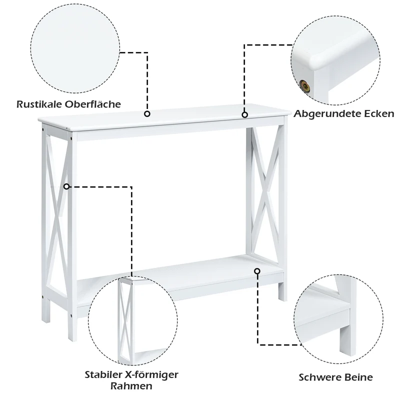 Costway - Konsolentisch, Konsolentisch Schmal, X-förmiger Schmaler Konsolentisch mit 2 Etagen, 100 x 30 x 80, cm Weiß