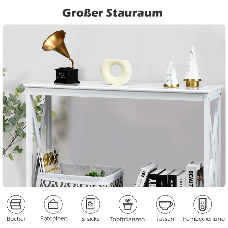 Costway - Konsolentisch, Konsolentisch Schmal, X-förmiger Schmaler Konsolentisch mit 2 Etagen, 100 x 30 x 80, cm Weiß