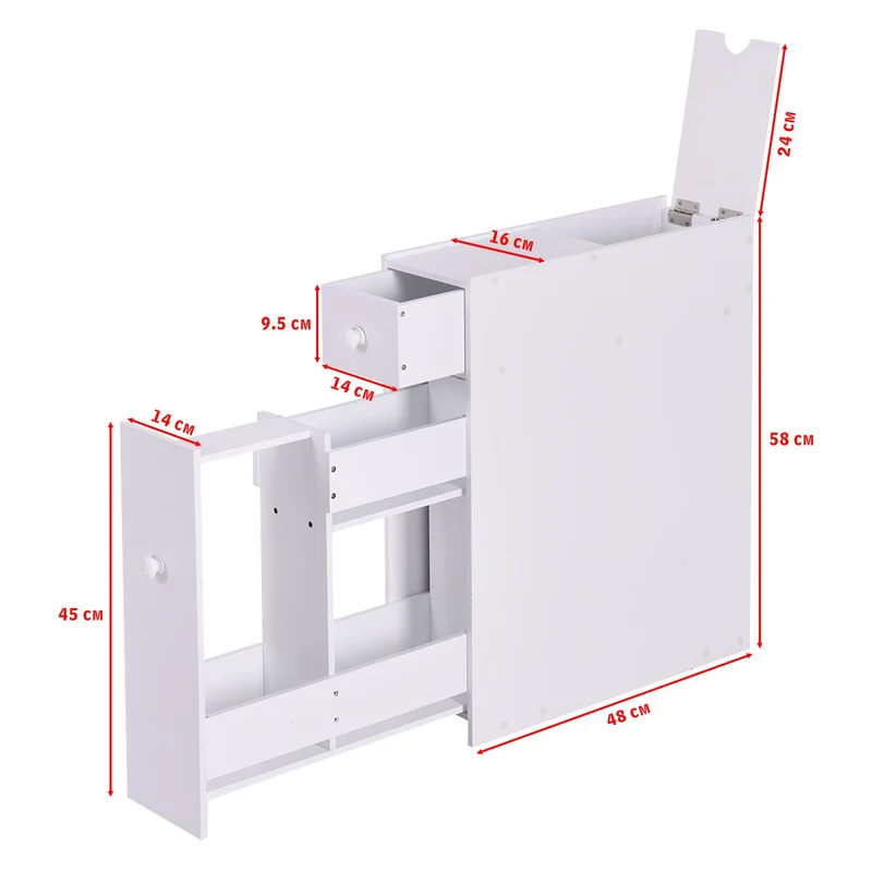 Costway - Badschrank, Weiß Holz Badschrank, Seitenschrank, Badschrank aus Holz, Nischenschrank, Weiß