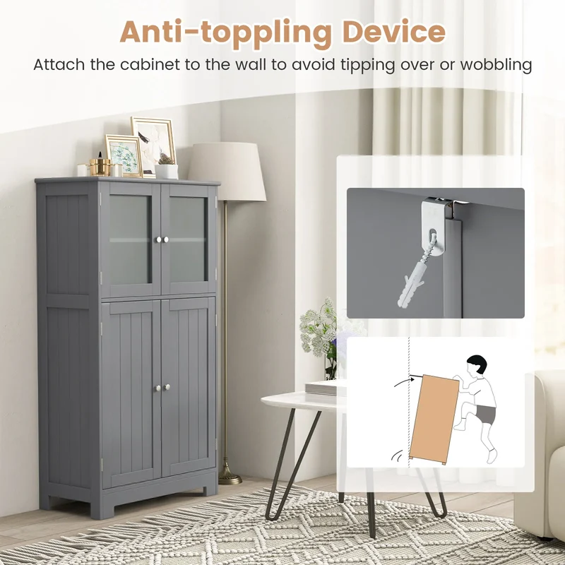Costway – Freistehender Badezimmerschrank mit 4 Glastüren, 58 × 30 × 109 cm, Grau