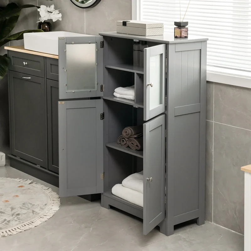 Costway – Freistehender Badezimmerschrank mit 4 Glastüren, 58 × 30 × 109 cm, Grau