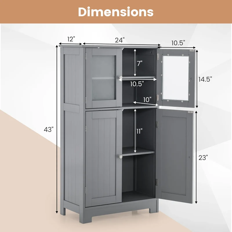 Costway – Freistehender Badezimmerschrank mit 4 Glastüren, 58 × 30 × 109 cm, Grau