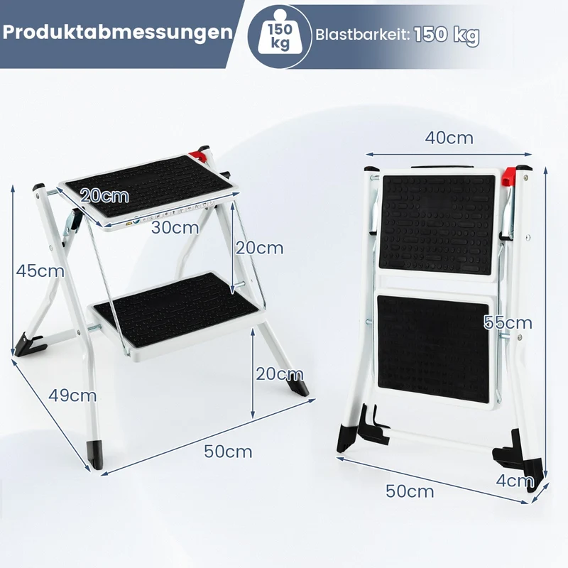 Costway - Stehleiter, Trittleiter 2 Stufen, Stehleiter 2 Stufen, Klapptritt mit 2 Stufen Trittleiter Klappbar 20 cm Breit bis 150 kg Belastbar