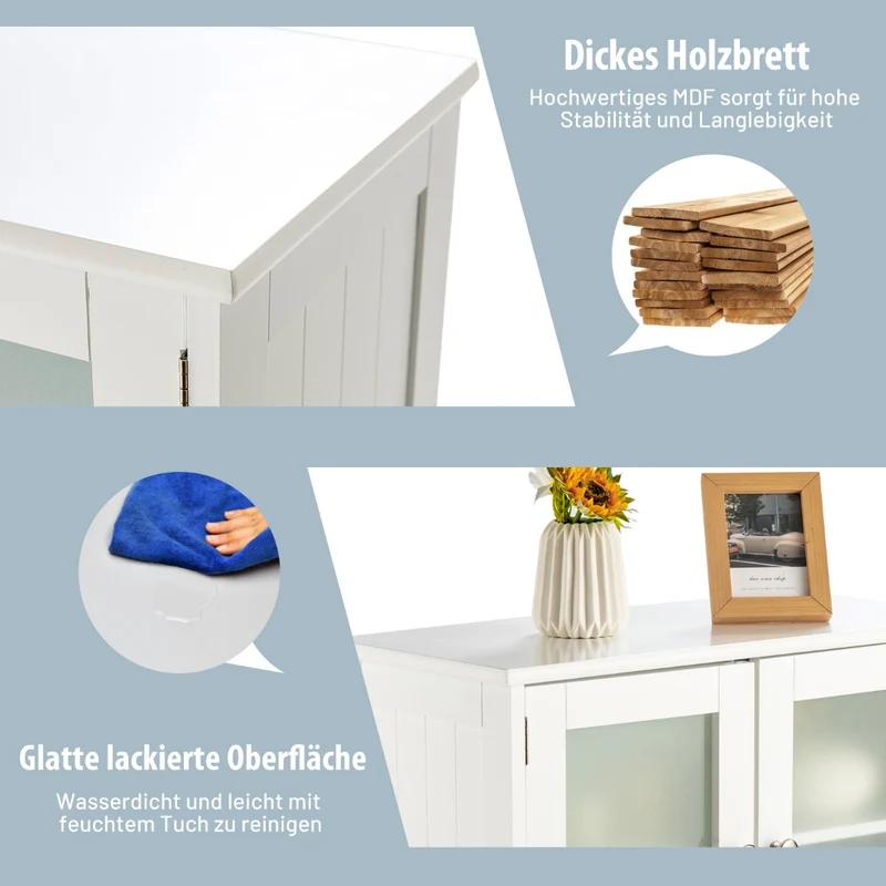 Costway - Badezimmerschrank, 4-Türiger Freistehender Aufbewahrungsschrank mit Glastüren, Weiß