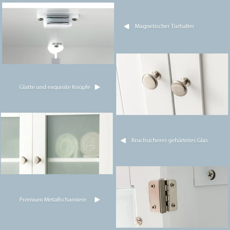 Costway - Badezimmerschrank, 4-Türiger Freistehender Aufbewahrungsschrank mit Glastüren, Weiß
