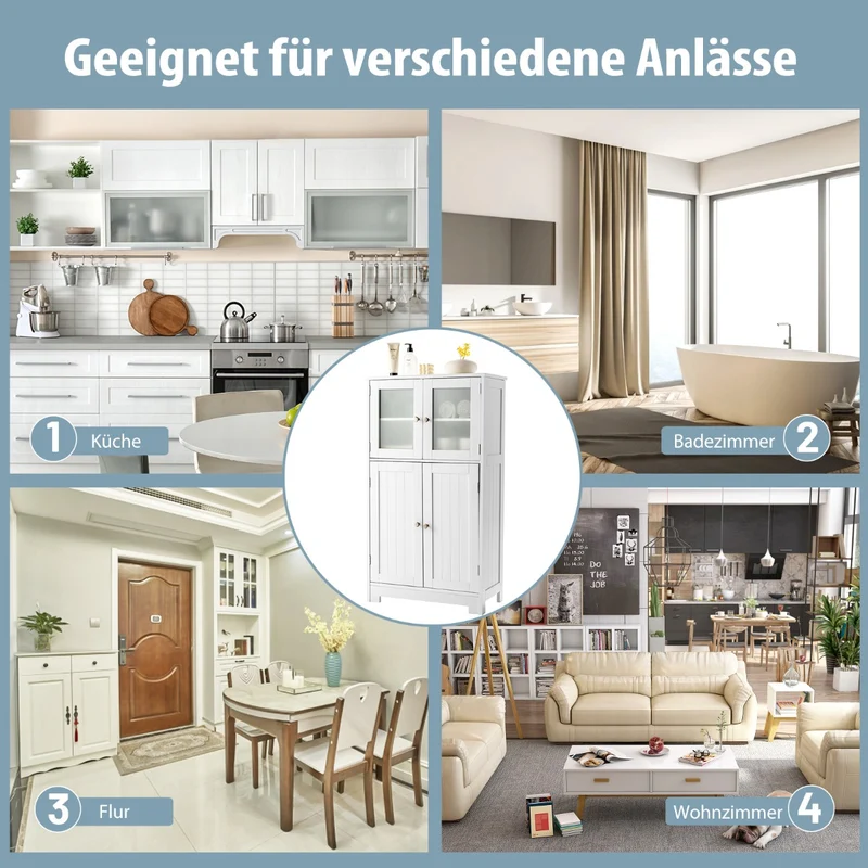 Costway - Badezimmerschrank, 4-Türiger Freistehender Aufbewahrungsschrank mit Glastüren, Weiß