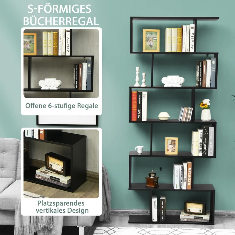 Costway - Bücherregal, Bücherregal mit 6 Ebenen, Standregal S-Form, Aufbewahrungsregal, Holz, Farbwahl-Schwarz