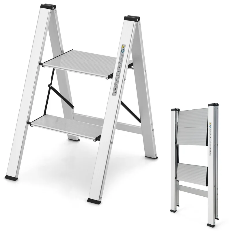 Costway – klappbare Aluminium-Trittleiter mit 2 Stufen, bis 150 kg, 49 × 44 × 66 cm, Silber