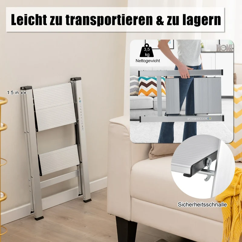 Costway – klappbare Aluminium-Trittleiter mit 2 Stufen, bis 150 kg, 49 × 44 × 66 cm, Silber