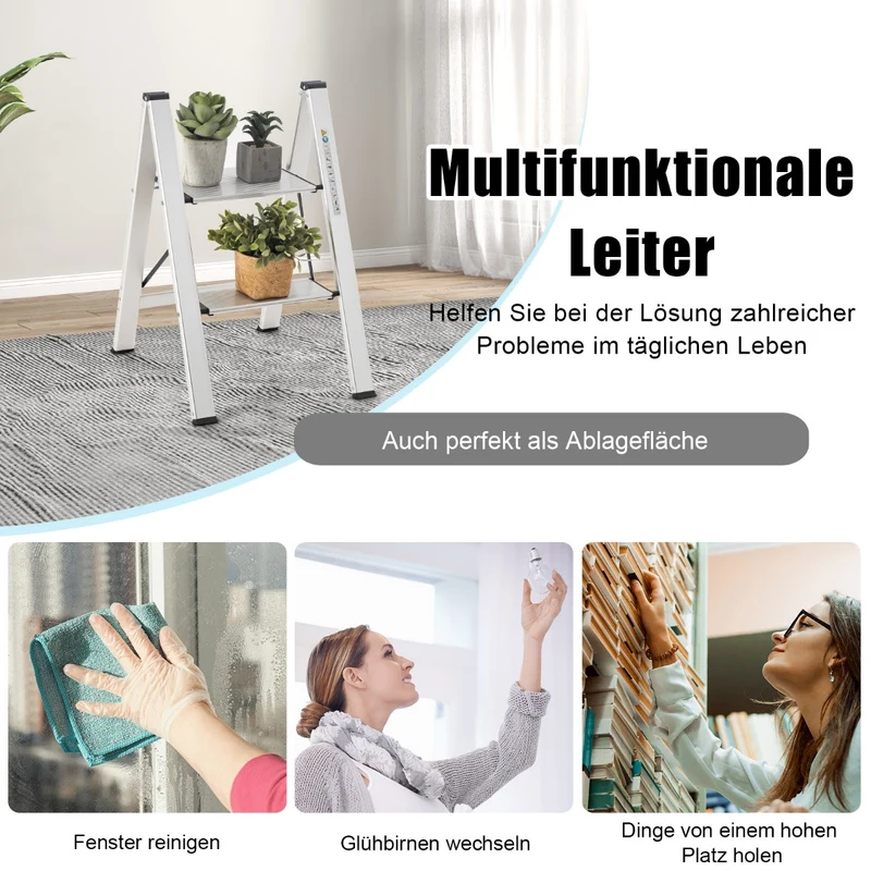 Costway – klappbare Aluminium-Trittleiter mit 2 Stufen, bis 150 kg, 49 × 44 × 66 cm, Silber