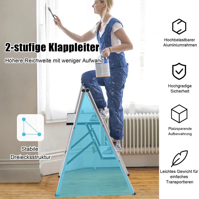 Costway – klappbare Aluminium-Trittleiter mit 2 Stufen, bis 150 kg, 49 × 44 × 66 cm, Silber