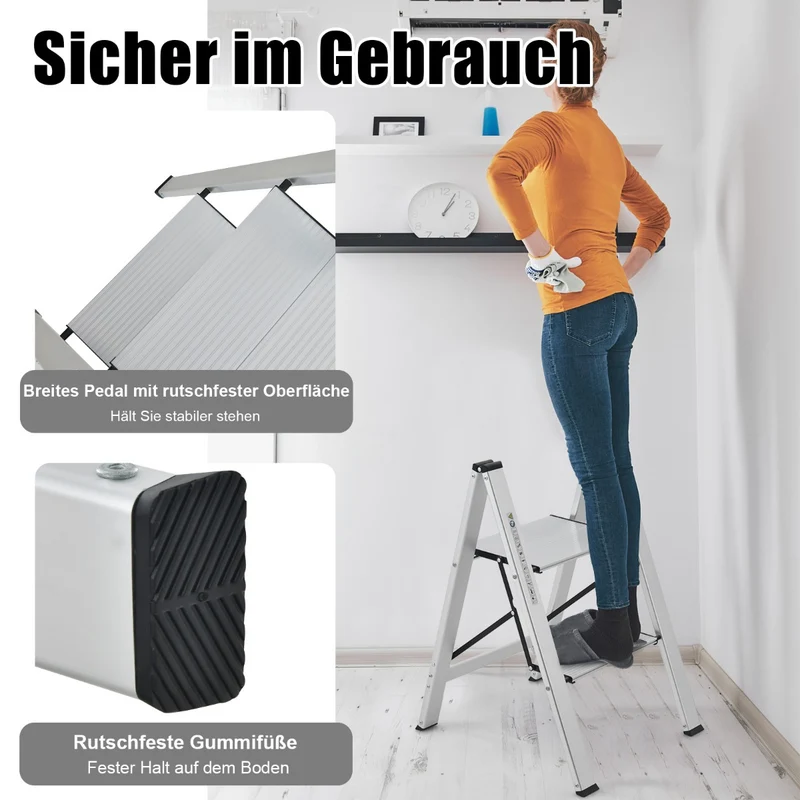 Costway – klappbare Aluminium-Trittleiter mit 2 Stufen, bis 150 kg, 49 × 44 × 66 cm, Silber