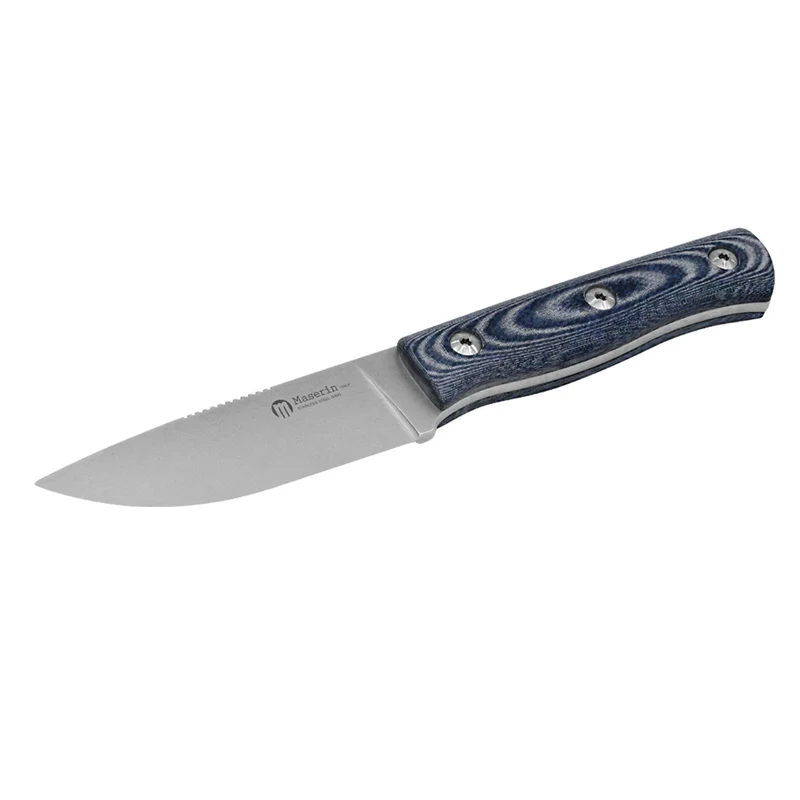 Maserin Path - Klappmesser, mit Drop-Point-Klinge und Denim-Micarta-Griff, mit Schutzhülle Schwarzes Leder mit Magnet, M390 Stahl, Made in Italy