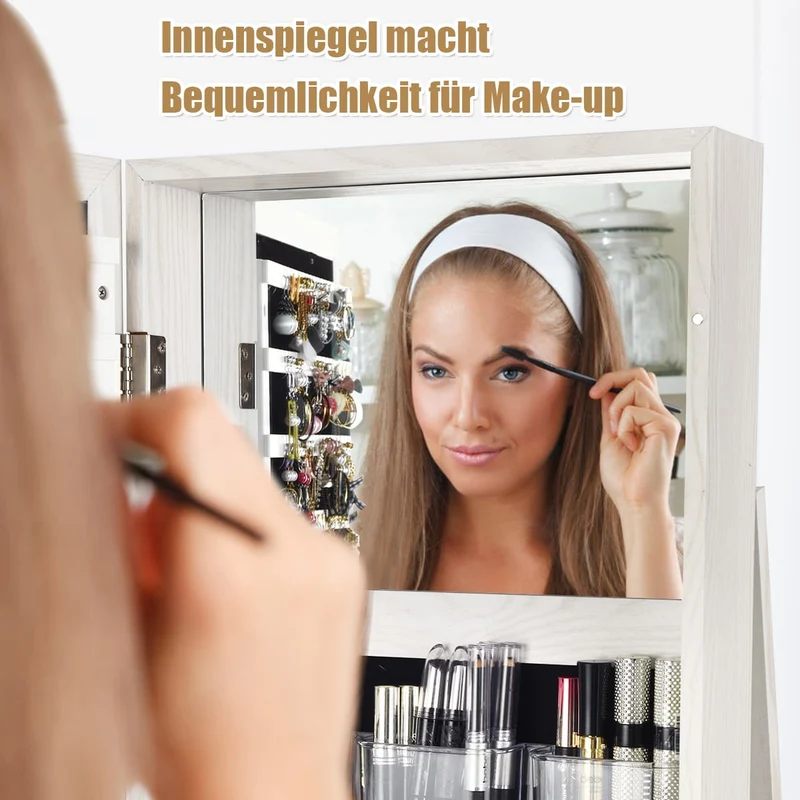 Costway - Spiegelschrank, Schmuckaufbewahrung, Um 360° drehbarer Schmuckschrank 2 in 1, Weiß