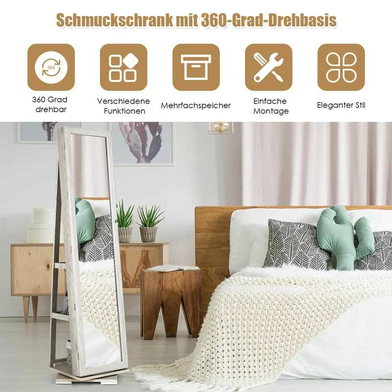 Costway - Spiegelschrank, Schmuckaufbewahrung, Um 360° drehbarer Schmuckschrank 2 in 1, Weiß