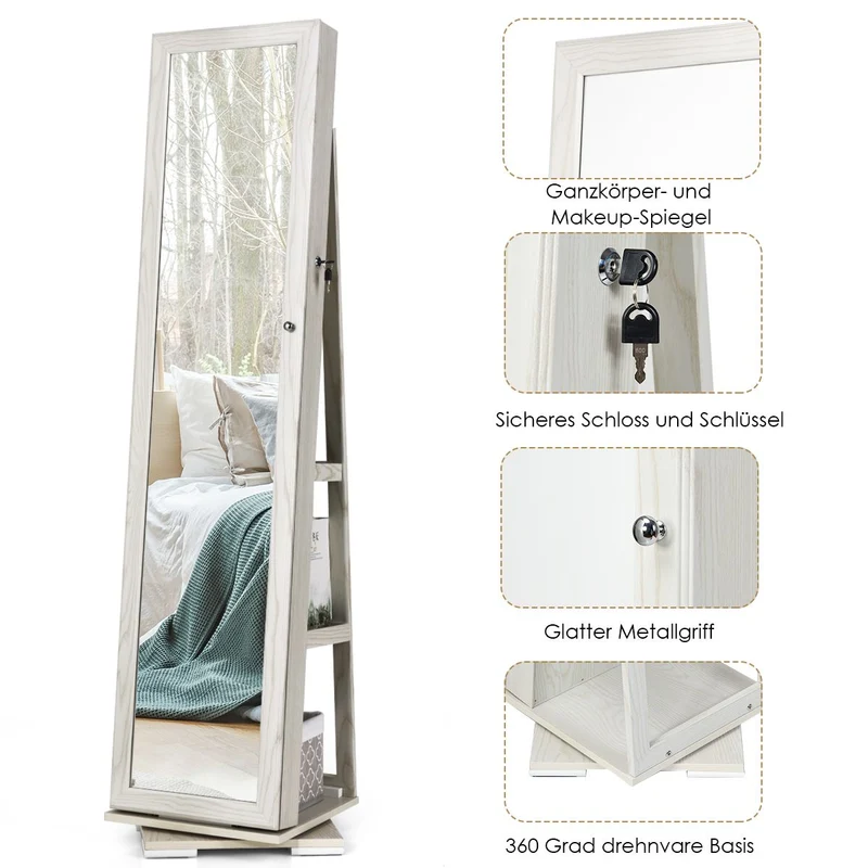 Costway - Spiegelschrank, Schmuckaufbewahrung, Um 360° drehbarer Schmuckschrank 2 in 1, Weiß