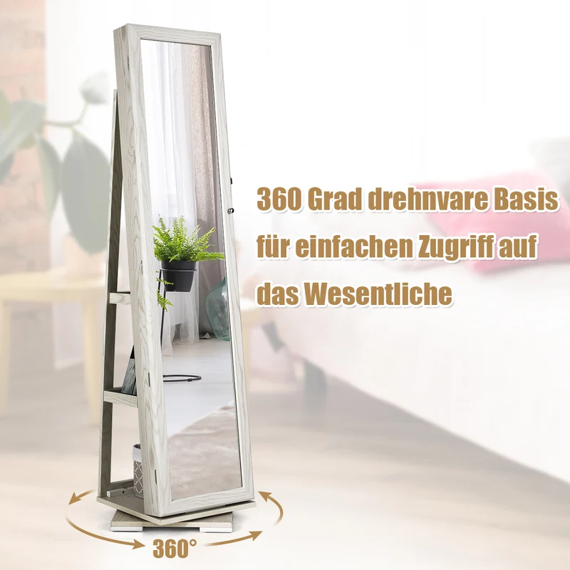 Costway - Spiegelschrank, Schmuckaufbewahrung, Um 360° drehbarer Schmuckschrank 2 in 1, Weiß