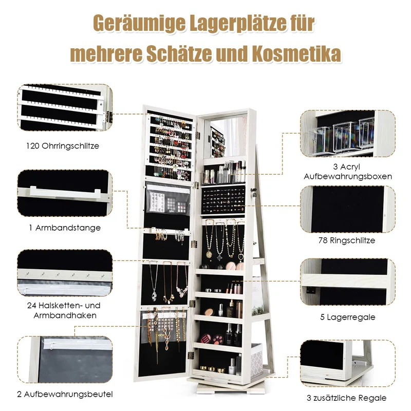 Costway - Spiegelschrank, Schmuckaufbewahrung, Um 360° drehbarer Schmuckschrank 2 in 1, Weiß