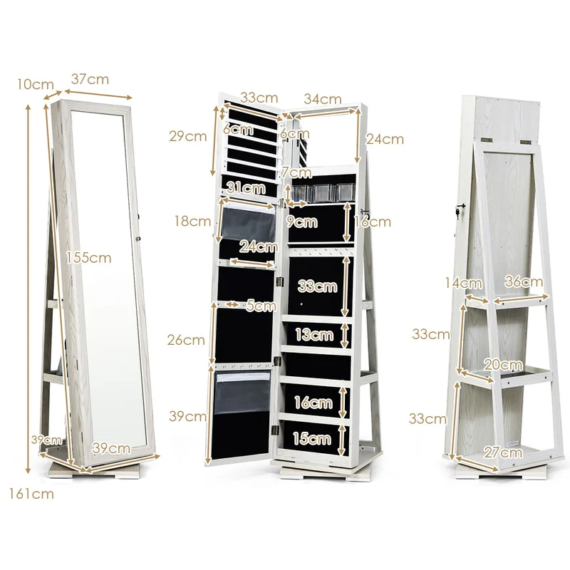 Costway - Spiegelschrank, Schmuckaufbewahrung, Um 360° drehbarer Schmuckschrank 2 in 1, Weiß