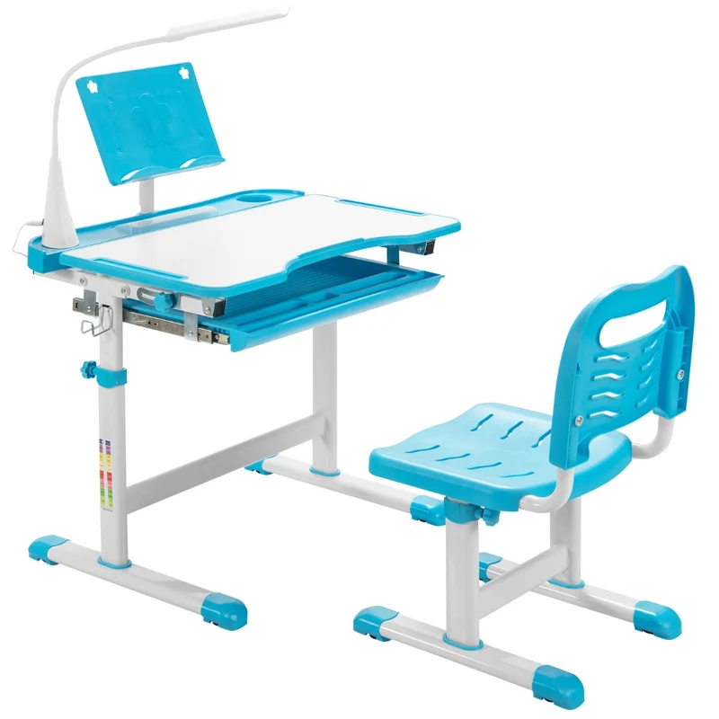 Costway – Höhenverstellbares Kinderschreibtisch-Set mit neigbarer Tischplatte, Bücherständer und LED-Lampe, Blau