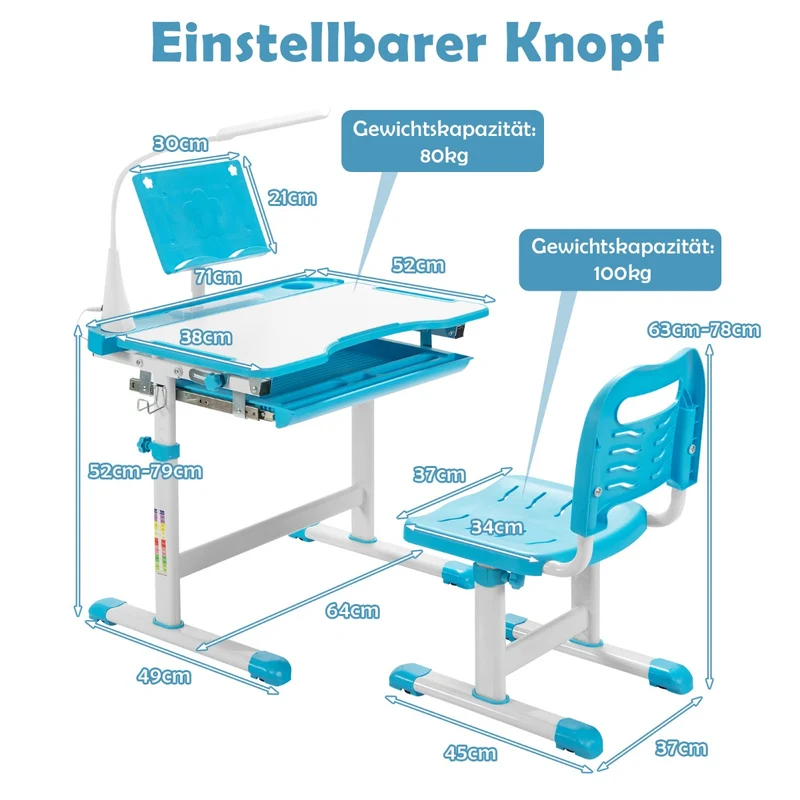 Costway – Höhenverstellbares Kinderschreibtisch-Set mit neigbarer Tischplatte, Bücherständer und LED-Lampe, Blau