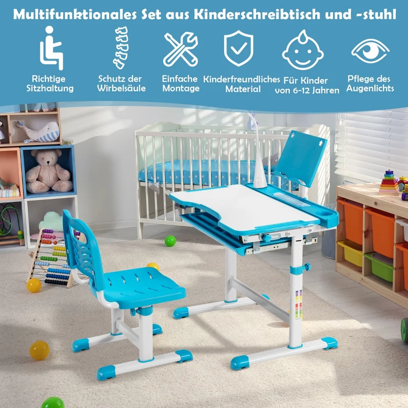 Costway – Höhenverstellbares Kinderschreibtisch-Set mit neigbarer Tischplatte, Bücherständer und LED-Lampe, Blau