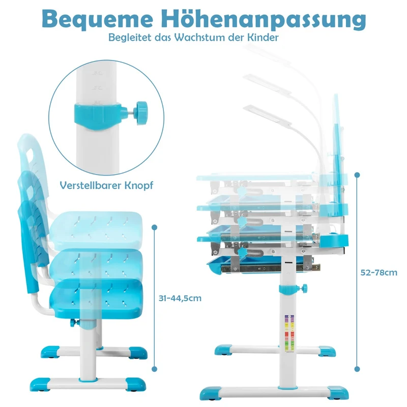 Costway – Höhenverstellbares Kinderschreibtisch-Set mit neigbarer Tischplatte, Bücherständer und LED-Lampe, Blau