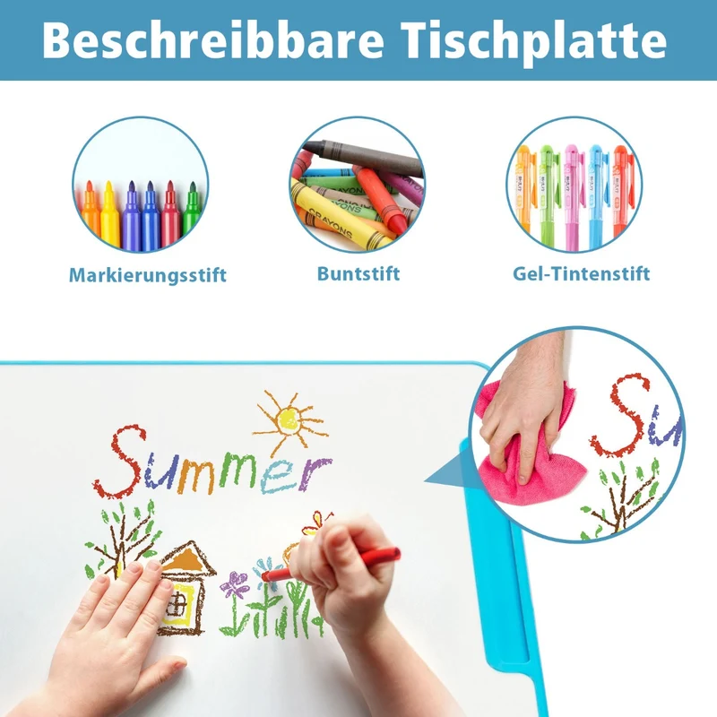 Costway – Höhenverstellbares Kinderschreibtisch-Set mit neigbarer Tischplatte, Bücherständer und LED-Lampe, Blau