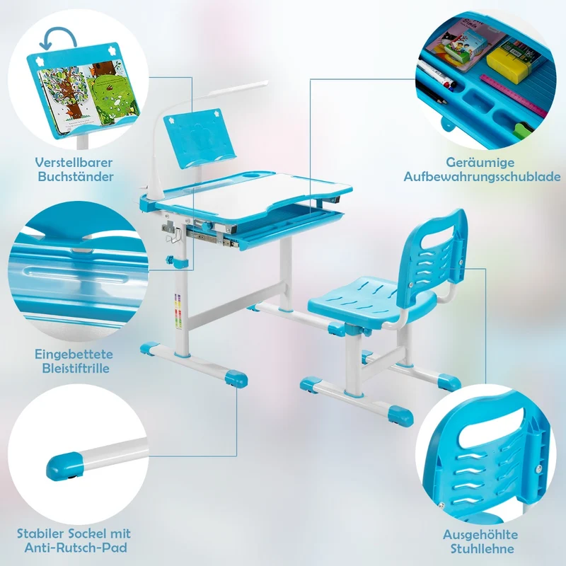Costway – Höhenverstellbares Kinderschreibtisch-Set mit neigbarer Tischplatte, Bücherständer und LED-Lampe, Blau
