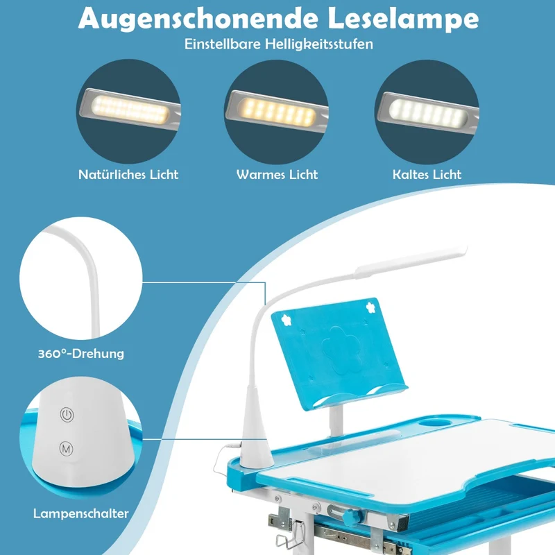 Costway – Höhenverstellbares Kinderschreibtisch-Set mit neigbarer Tischplatte, Bücherständer und LED-Lampe, Blau