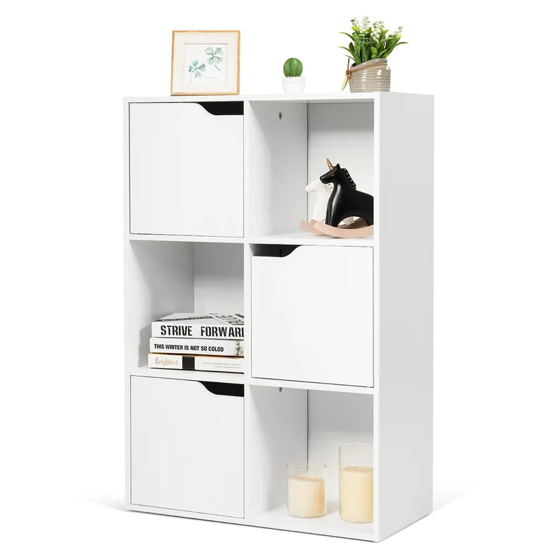 Costway - Bücherregal, Freistehendes Regal mit Türen aus Holz, Bücherregal mit 3 Offenen & 3 Geschlossenen Fächern