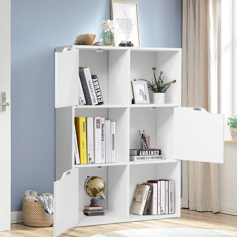 Costway - Bücherregal, Freistehendes Regal mit Türen aus Holz, Bücherregal mit 3 Offenen & 3 Geschlossenen Fächern