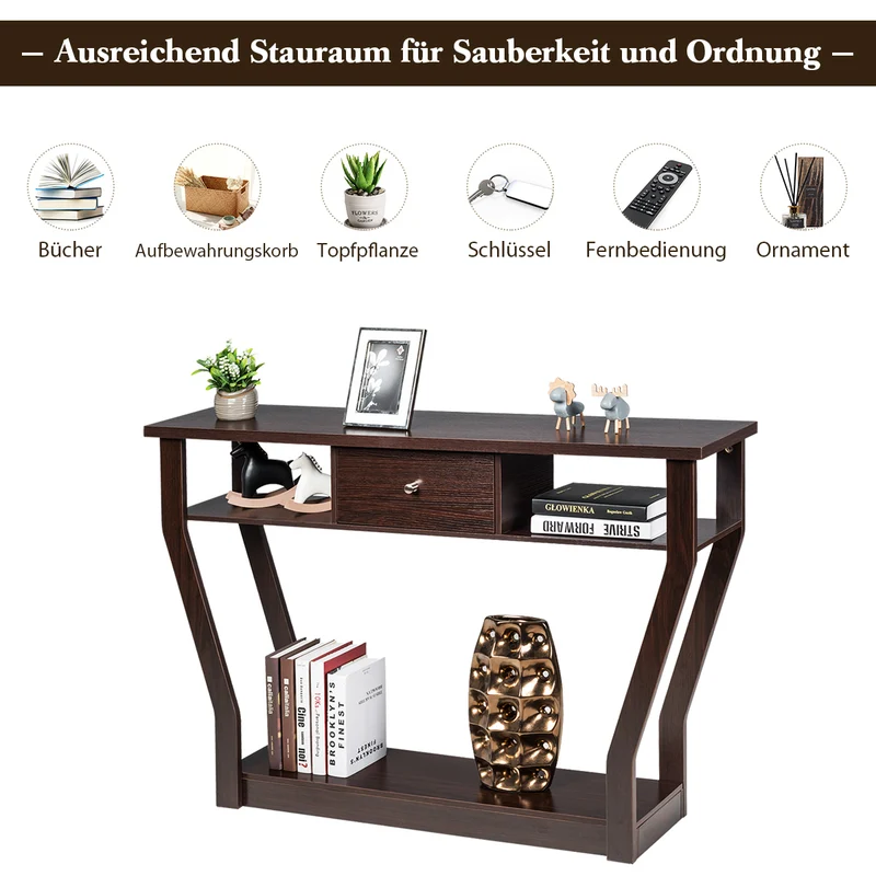 Costway - Konsolentisch, Konsolentisch Schmal, Flurtisch mit Schublade und Regal, 120 x 30 x 81 cm, Braun