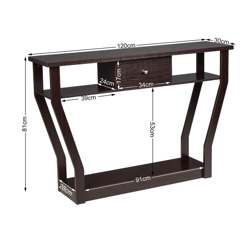 Costway - Konsolentisch, Konsolentisch Schmal, Flurtisch mit Schublade und Regal, 120 x 30 x 81 cm, Braun
