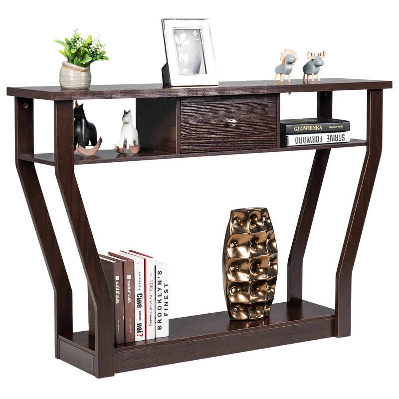 Costway - Konsolentisch, Konsolentisch Schmal, Flurtisch mit Schublade und Regal, 120 x 30 x 81 cm, Braun