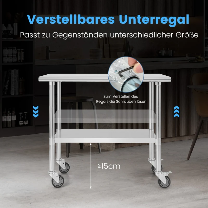 Costway – Küchenwagen, Edelstahltisch und Arbeitstisch auf Rollen, Edelstahl/Silber, 91,5 × 61 × 89,5 cm