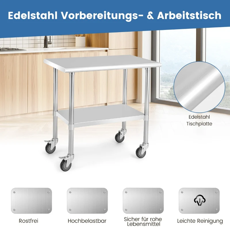 Costway – Küchenwagen, Edelstahltisch und Arbeitstisch auf Rollen, Edelstahl/Silber, 91,5 × 61 × 89,5 cm