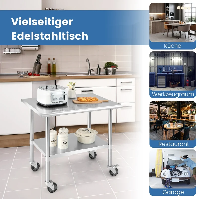 Costway – Küchenwagen, Edelstahltisch und Arbeitstisch auf Rollen, Edelstahl/Silber, 91,5 × 61 × 89,5 cm